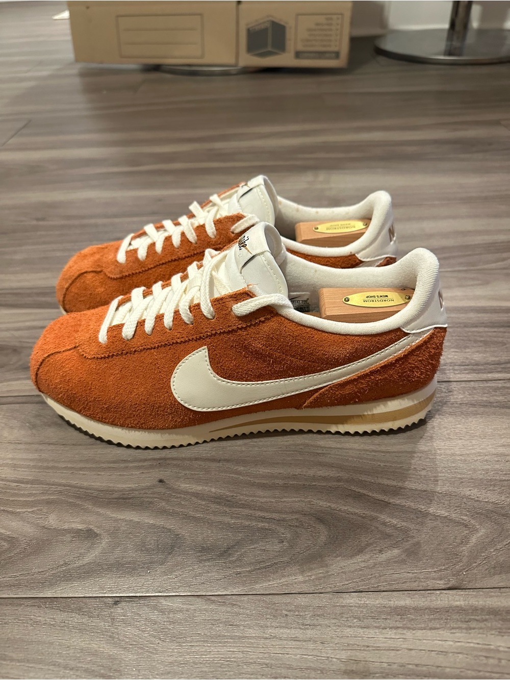 Nike Men’s Cortez Orange Suede Retro Runner Sneakers with White Swoosh